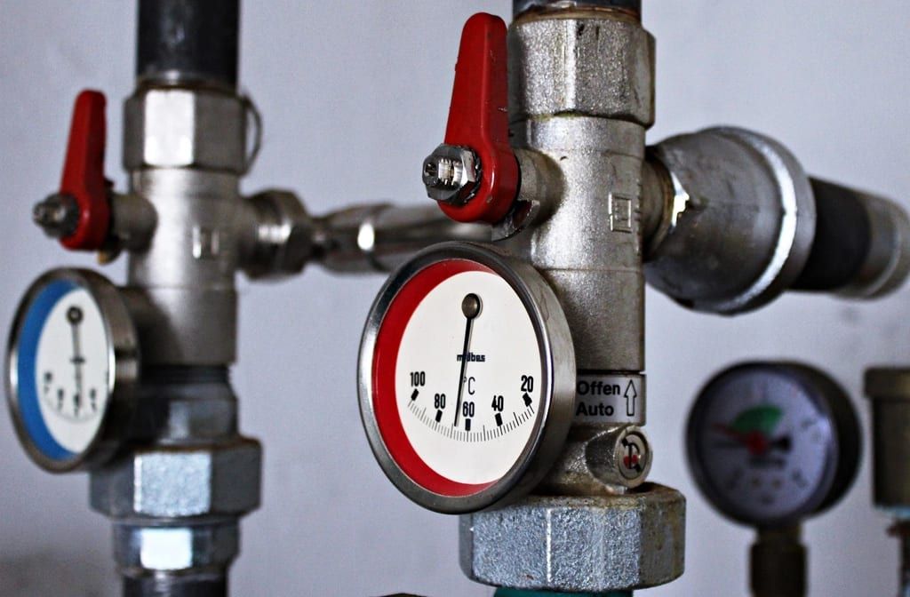 Pressure and temperature gauges on boiler pipework